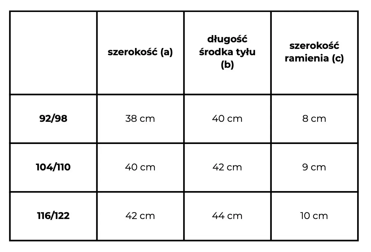 Tabela rozmiarów: rozmiar M (92/98) ma szerokość 38 cm, długość 40 cm, a szerokość ramienia 8 cm.