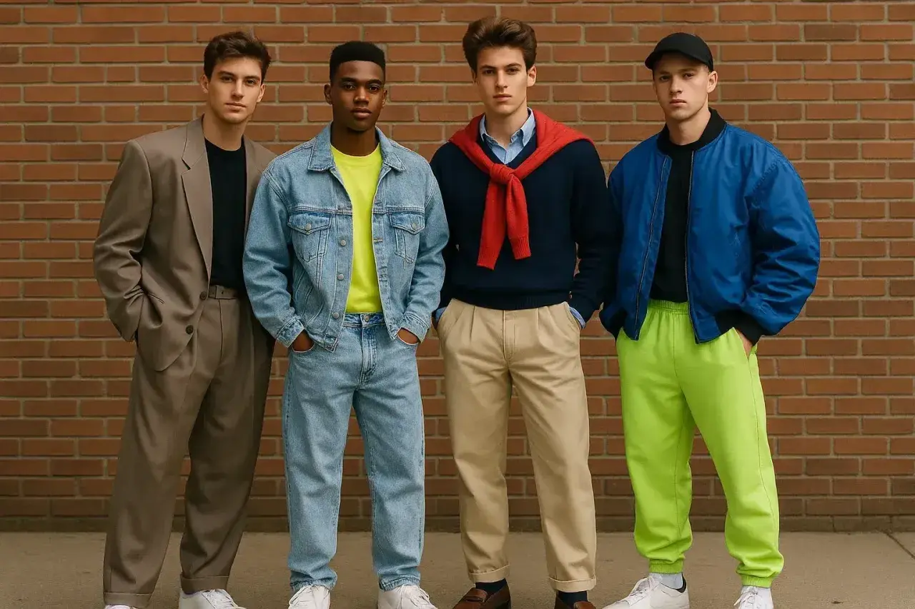 Czterech młodych mężczyzn prezentuje stylizacje w klimacie moda męska lata 80.: garnitur, jeans, sweter z krawatem i bomberka z neonowymi spodniami.