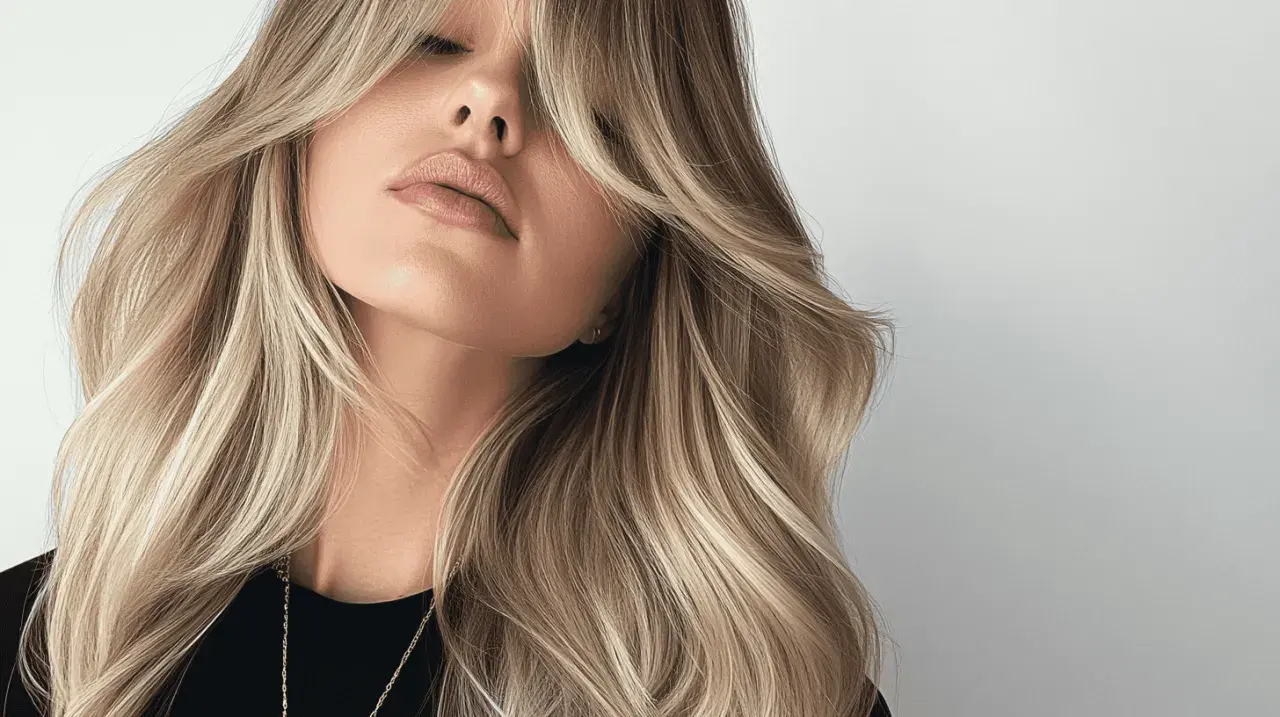 Kobieta z falowanymi blond włosami i stylową, cieniowaną grzywką. Delikatne światło podkreśla jej urodę.