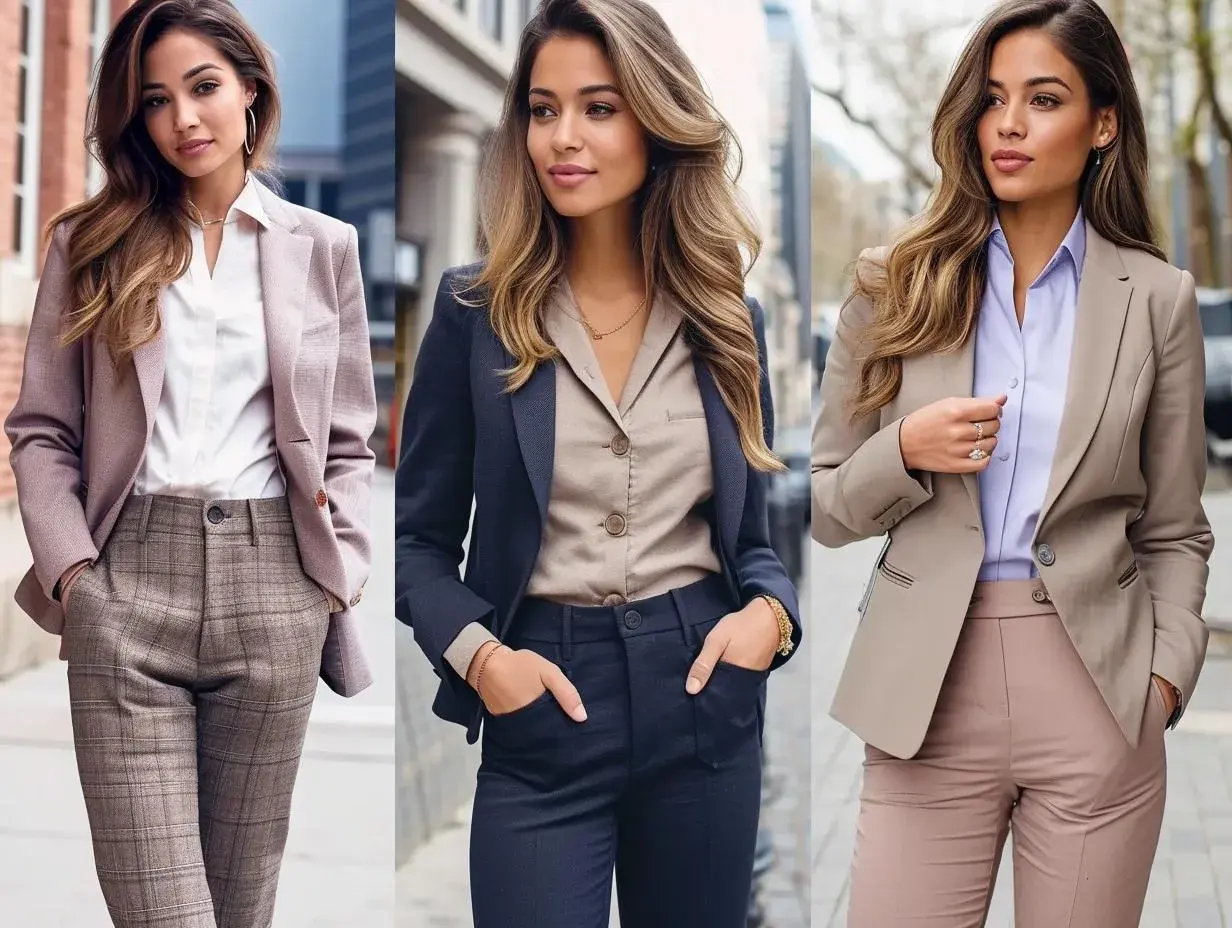 Trzy kobiety prezentują styl smart casual: w różowej marynarce i kratowanych spodniach, granatowym komplecie oraz beżowej marynarce z pudrowymi spodniami.