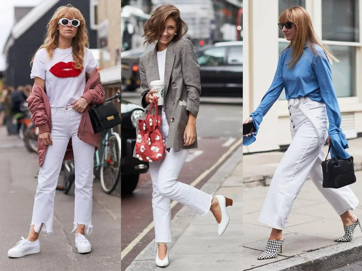 Inspiracje: co ubrać do białych spodni. Trzy kobiety prezentują różne stylizacje z białymi spodniami: casual z kurtką i t-shirtem, elegancką z marynarką i torebką, oraz modną z błękitną bluzką i wzorzystymi butami.