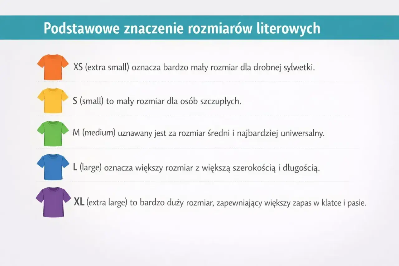 Tabela rozmiarów: XS (extra small) dla drobnej sylwetki, S dla szczupłych, M uniwersalny, L większy, XL bardzo duży.