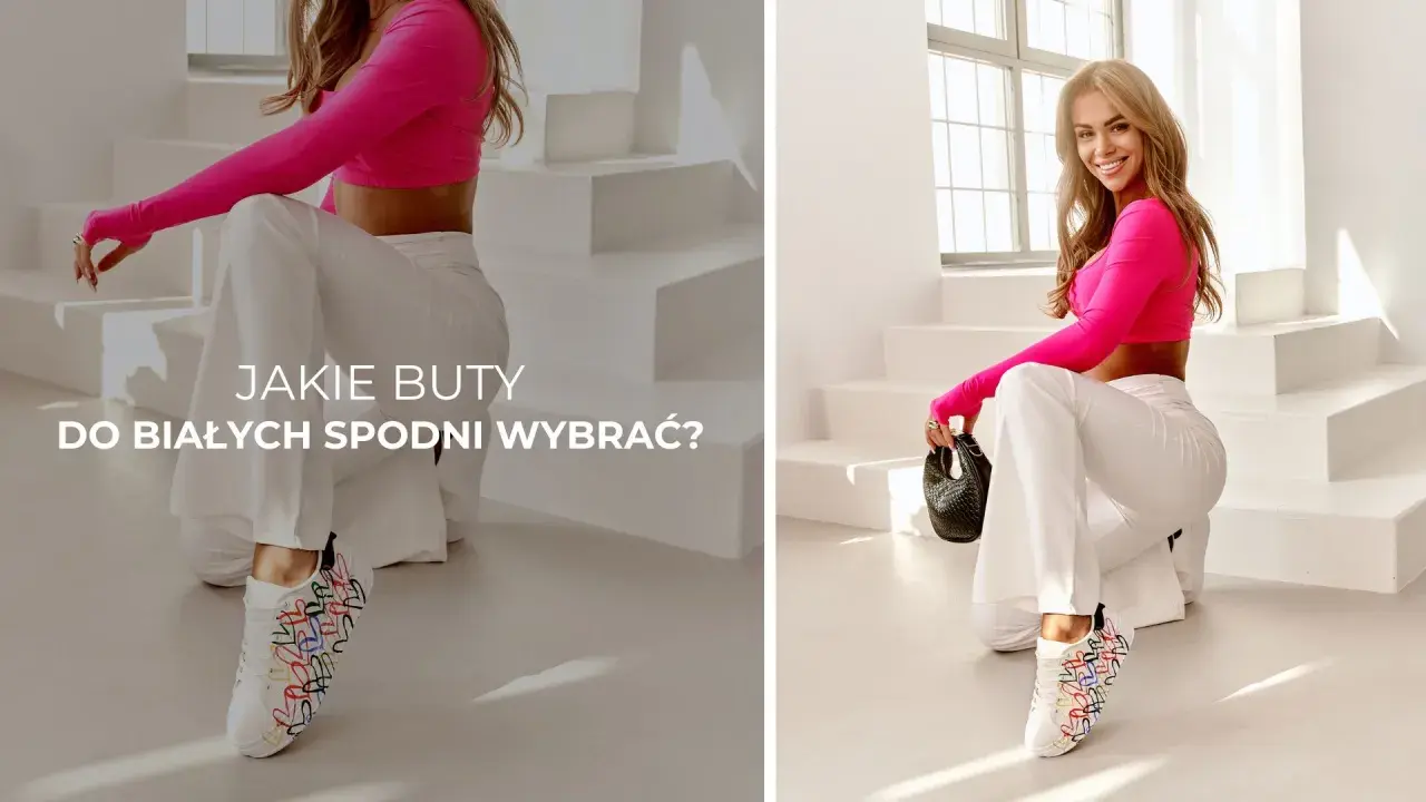 Kobieta w białych spodniach i różowym topie prezentuje białe sneakersy z kolorowymi serduszkami. Idealne pytanie: jakie buty do białych spodni wybrać?