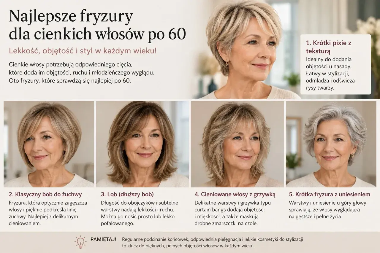 Pięć inspirujących fryzur dla bardzo cienkich włosów po 60. roku życia, dodających objętości i lekkości.