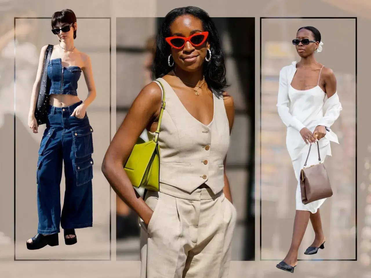 Trzy kobiety prezentują stylizacje inspirowane modą lat 90.: jeansowy total look, beżowy garnitur i biała sukienka.