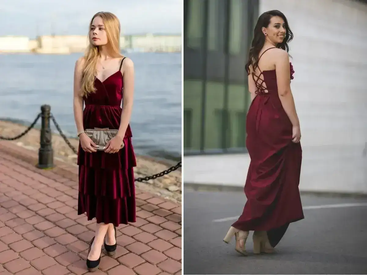 Dwie kobiety w bordowych sukienkach. Jedna w welurowej midi z czarnymi czółenkami, druga w długiej z gorsetowym tyłem i beżowymi botkami. Idealne inspiracje, jakie buty do bordowej sukienki.