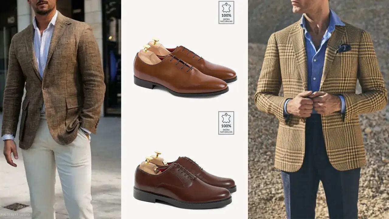 Eleganckie stylizacje na komunię dla mężczyzny: brązowe marynarki, jasne spodnie i skórzane półbuty.