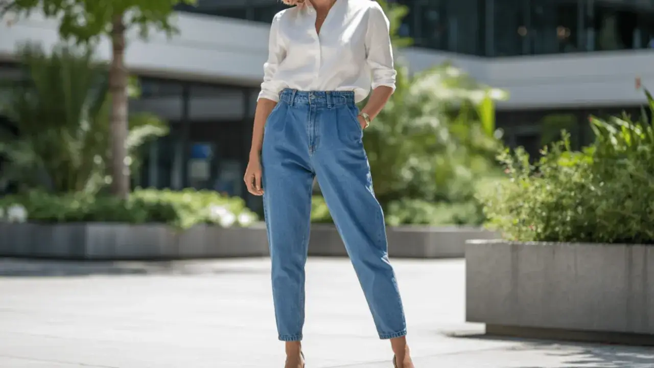 Kobieta w białej koszuli i luźnych jeansach. To model, który podkreśla talię, a nogawka jest prosta – tak właśnie wyglądają jeansy straight.