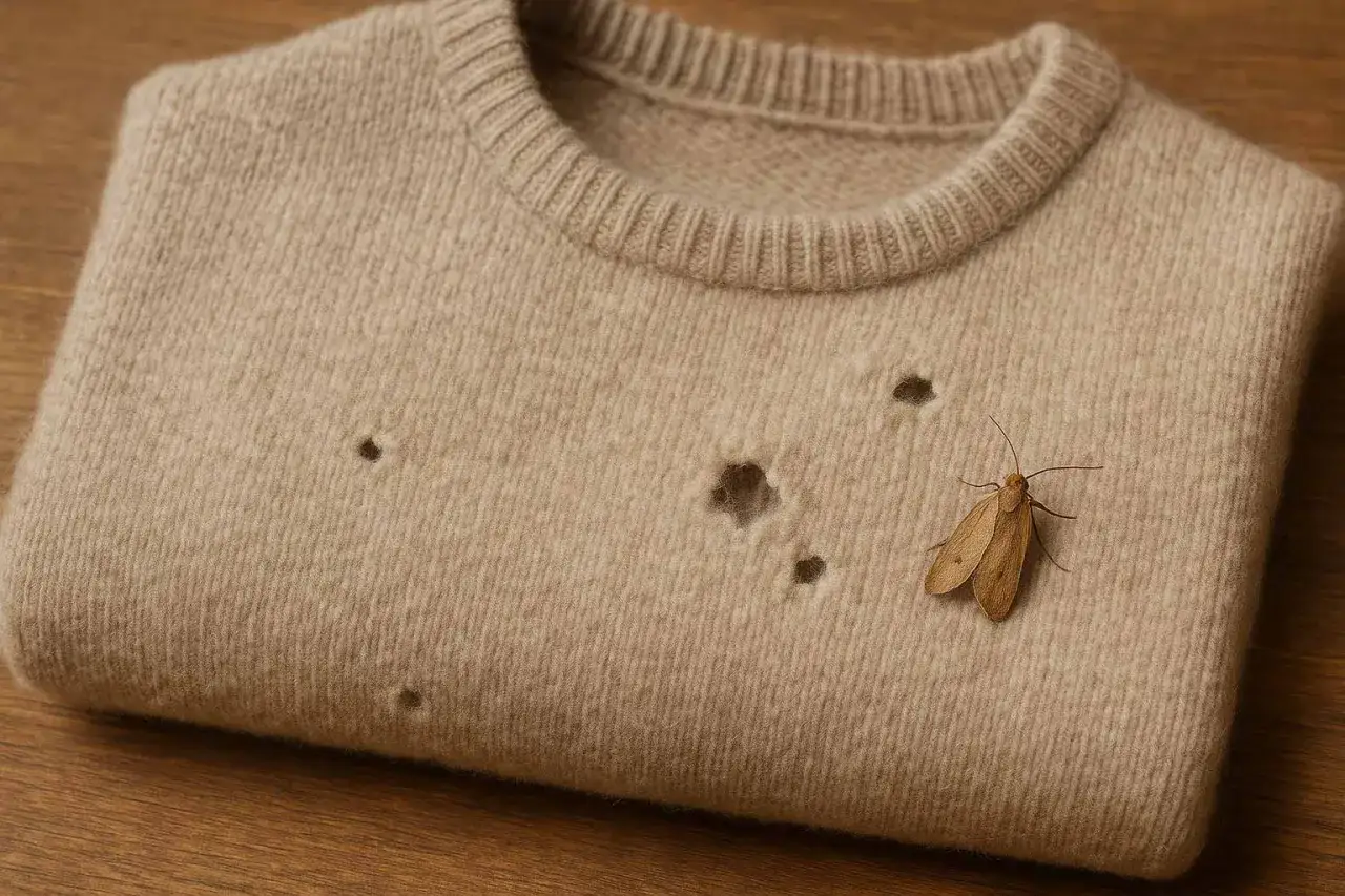 Brązowy sweter z dziurami, ślad po molach ubraniowych. Zobacz, co na mole ubraniowe.