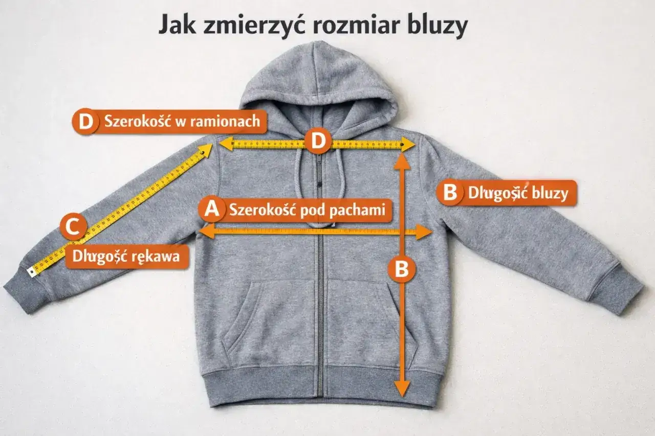 Szara bluza z kapturem, na której zaznaczono miary: A - szerokość pod pachami, B - długość bluzy, C - długość rękawa, D - szerokość w ramionach.