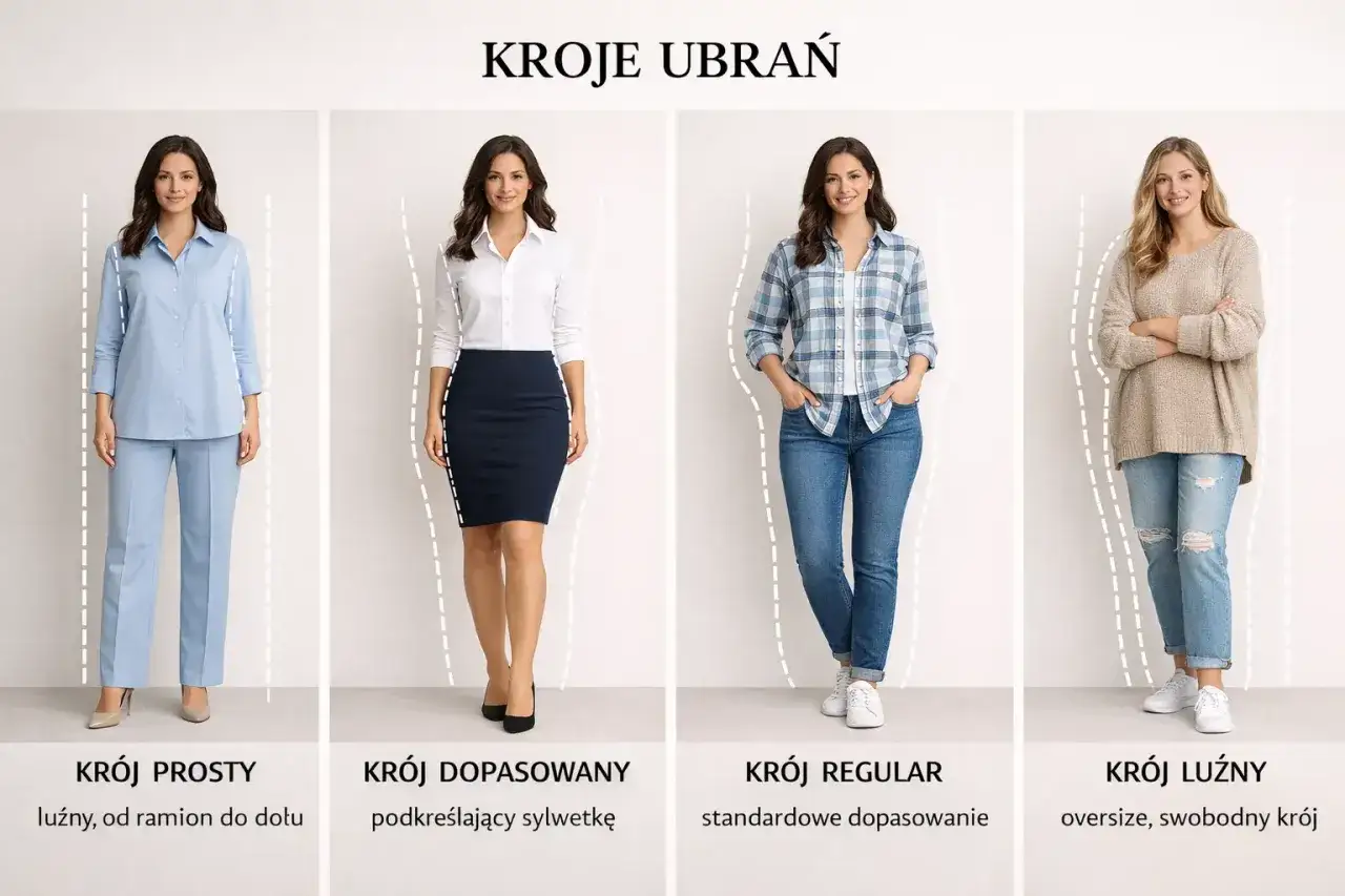 Krój regular to standardowe dopasowanie, jak na zdjęciu z jeansami. Obok: krój prosty, dopasowany i luźny.