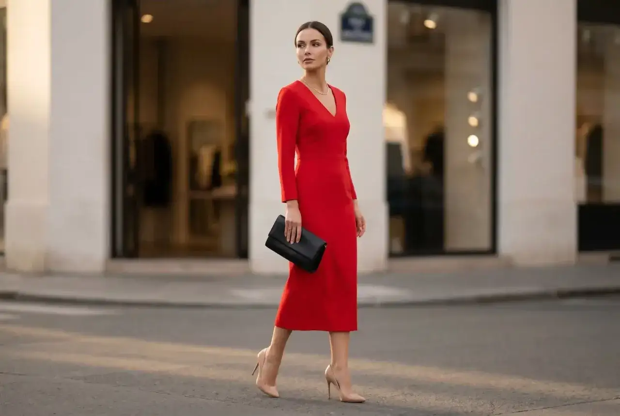 Elegancka kobieta w czerwonej sukience i cielistych szpilkach. Idealne buty do czerwonej sukienki na wieczorne wyjście.