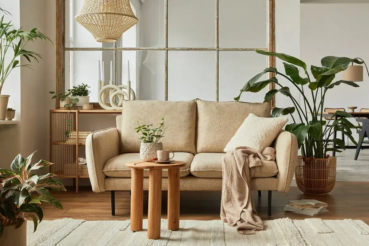 Przytulny salon w stylu cottagecore z beżową kanapą, drewnianymi meblami i mnóstwem roślin.