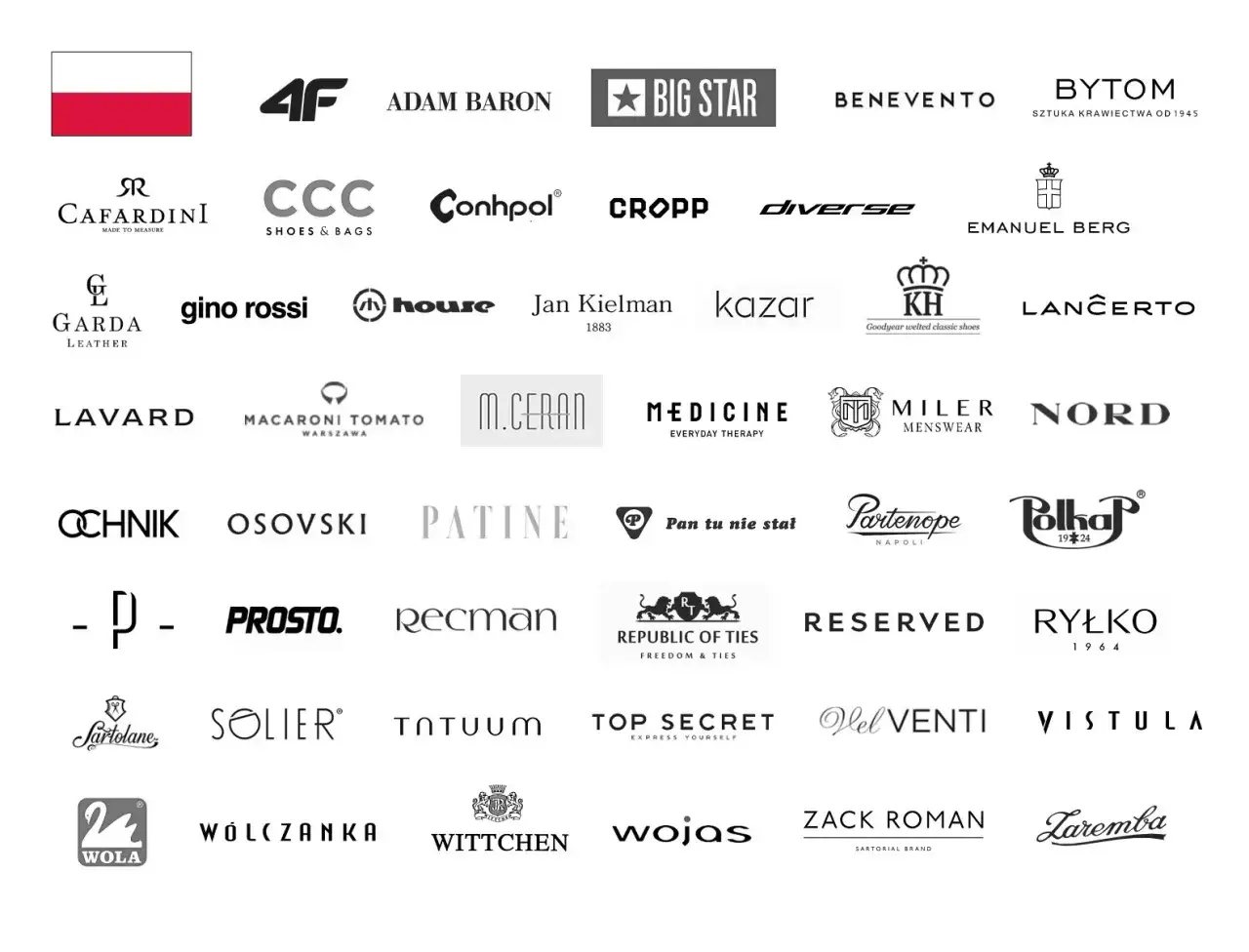 Znane marki ubrań: 4F, Big Star, Reserved, Ryłko, Wólczanka, Wittchen, Wojas, Zaremba i wiele innych polskich i zagranicznych brandów.