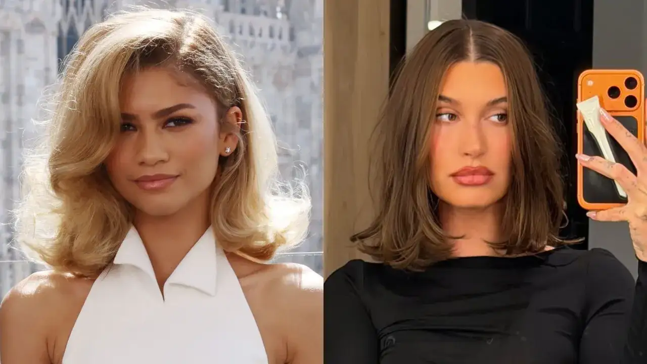 Dwie kobiety z włosami do ramion cieniowanymi. Blond włosy Zendayi falują, a brązowe włosy Hailey są proste.