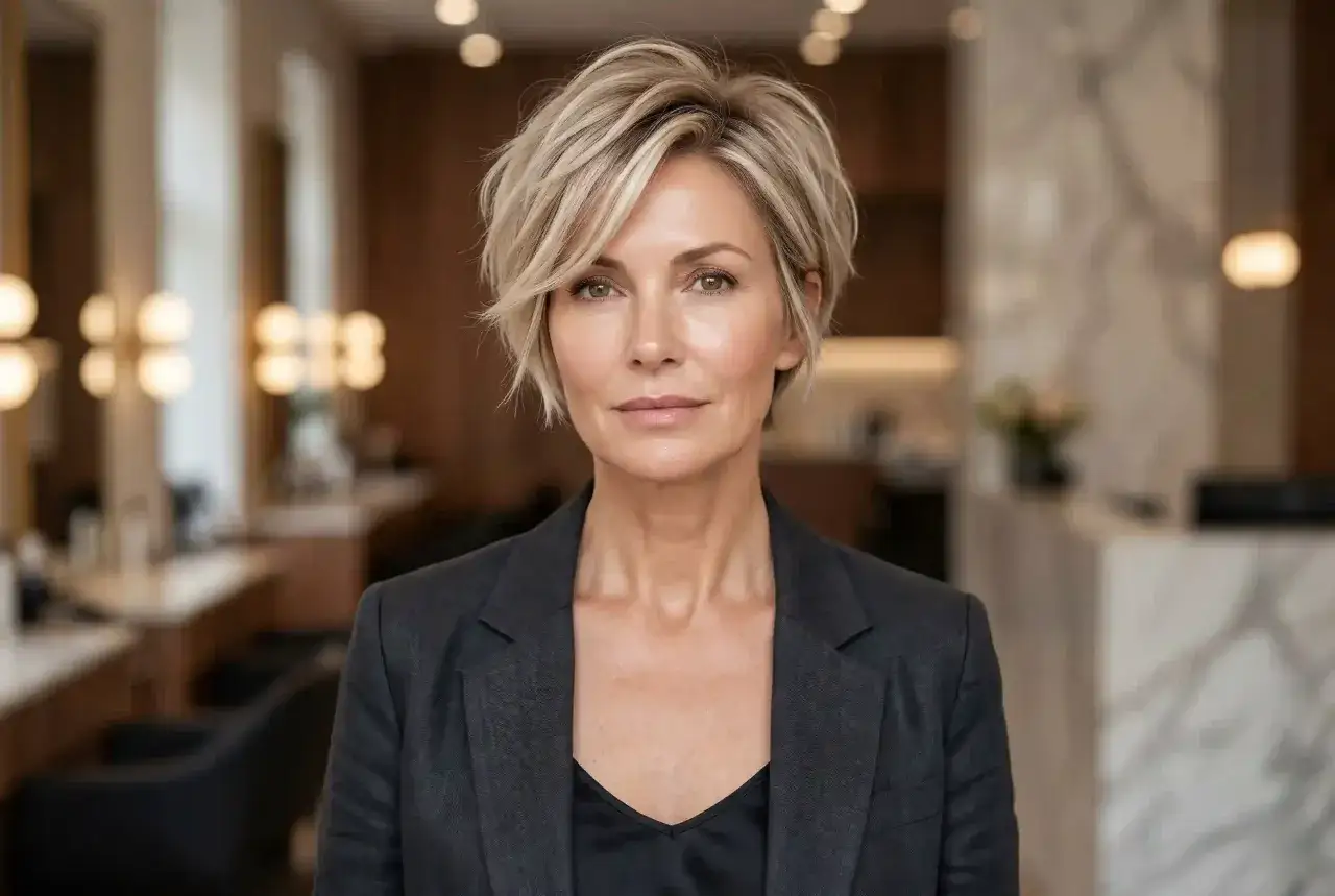 Elegancka kobieta w stylowym pixie cut, ubrana w ciemną marynarkę, patrzy pewnie w obiektyw.