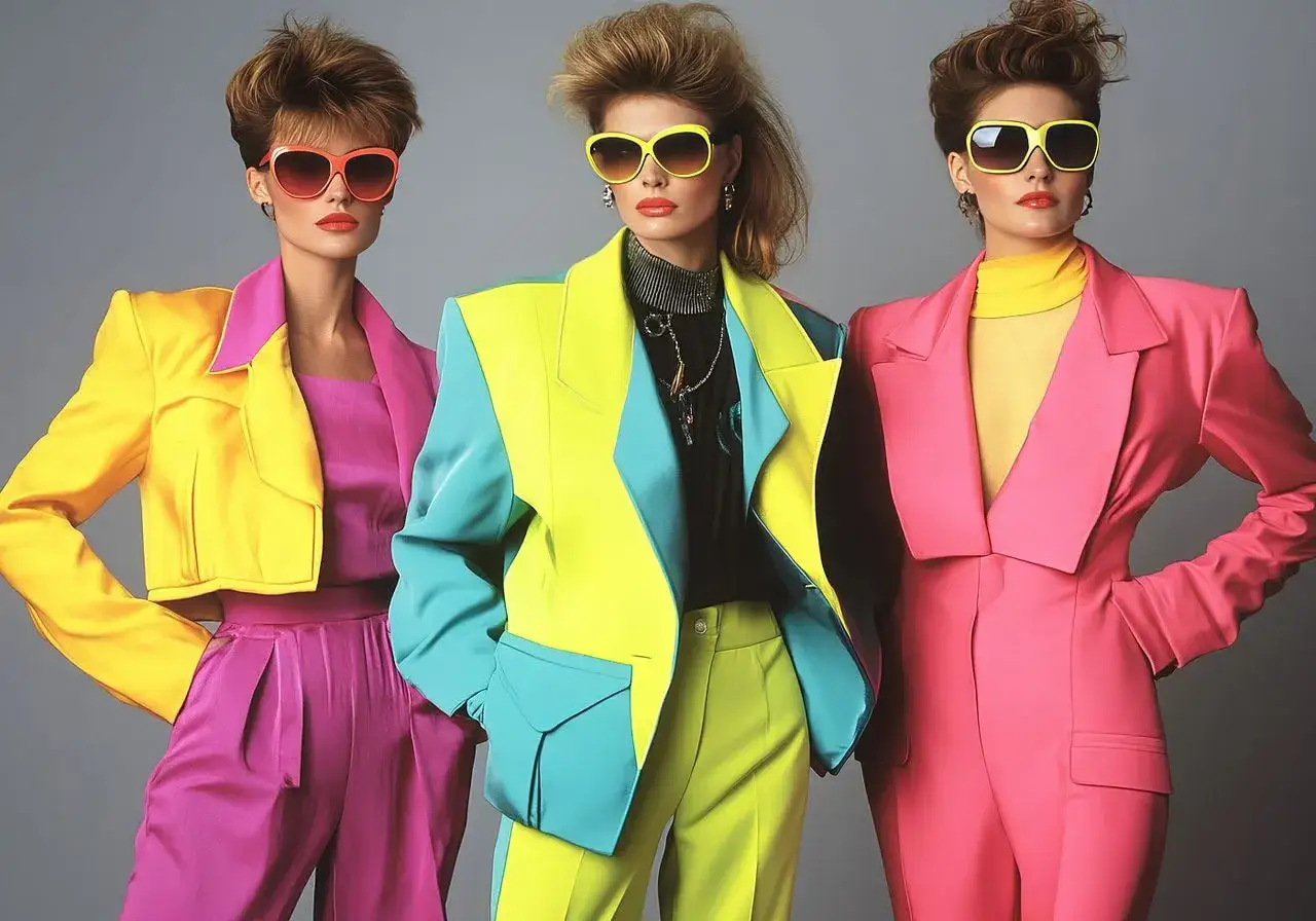 Trzy kobiety w neonowych stylizacjach z lat 80. gotowe na imprezę. Moda tamtych lat to odważne kolory i kroje.