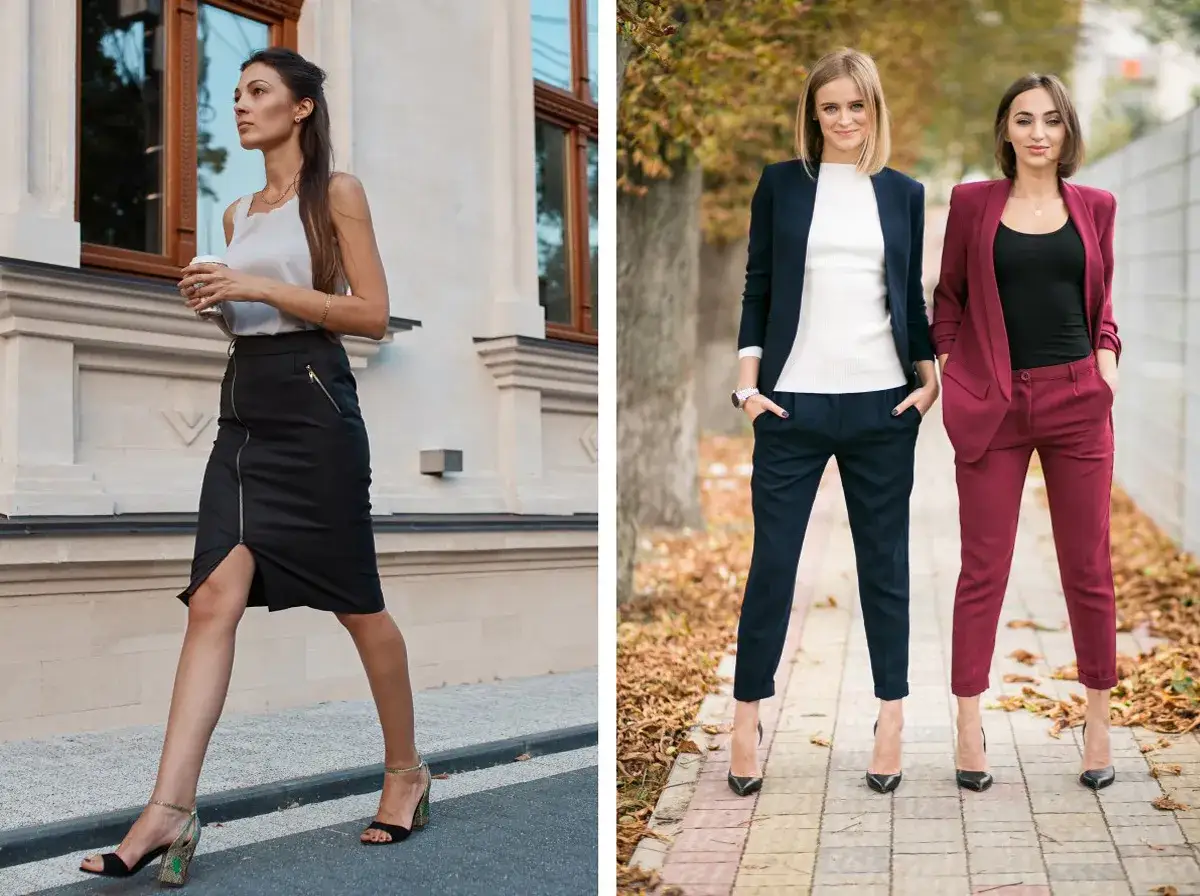 Eleganckie stylizacje dla kobiet: jak się ubrać na imprezę firmową. Spódnica ołówkowa i garnitury w ciemnych kolorach.