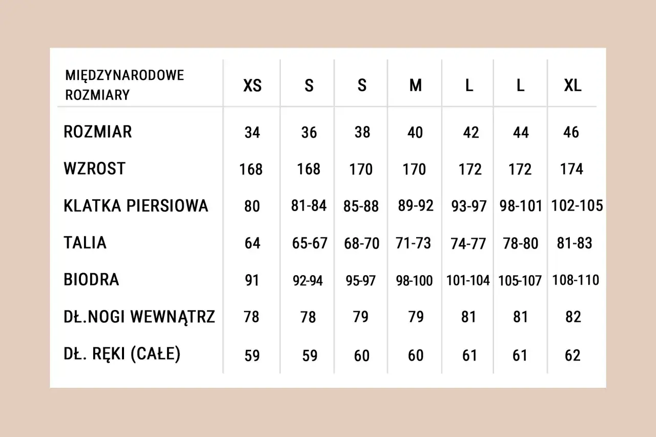 Tabela rozmiarów od XS do XL: wzrost, klatka, talia, biodra, długość nogi i ręki. Sprawdź, jak się podaje wymiary.