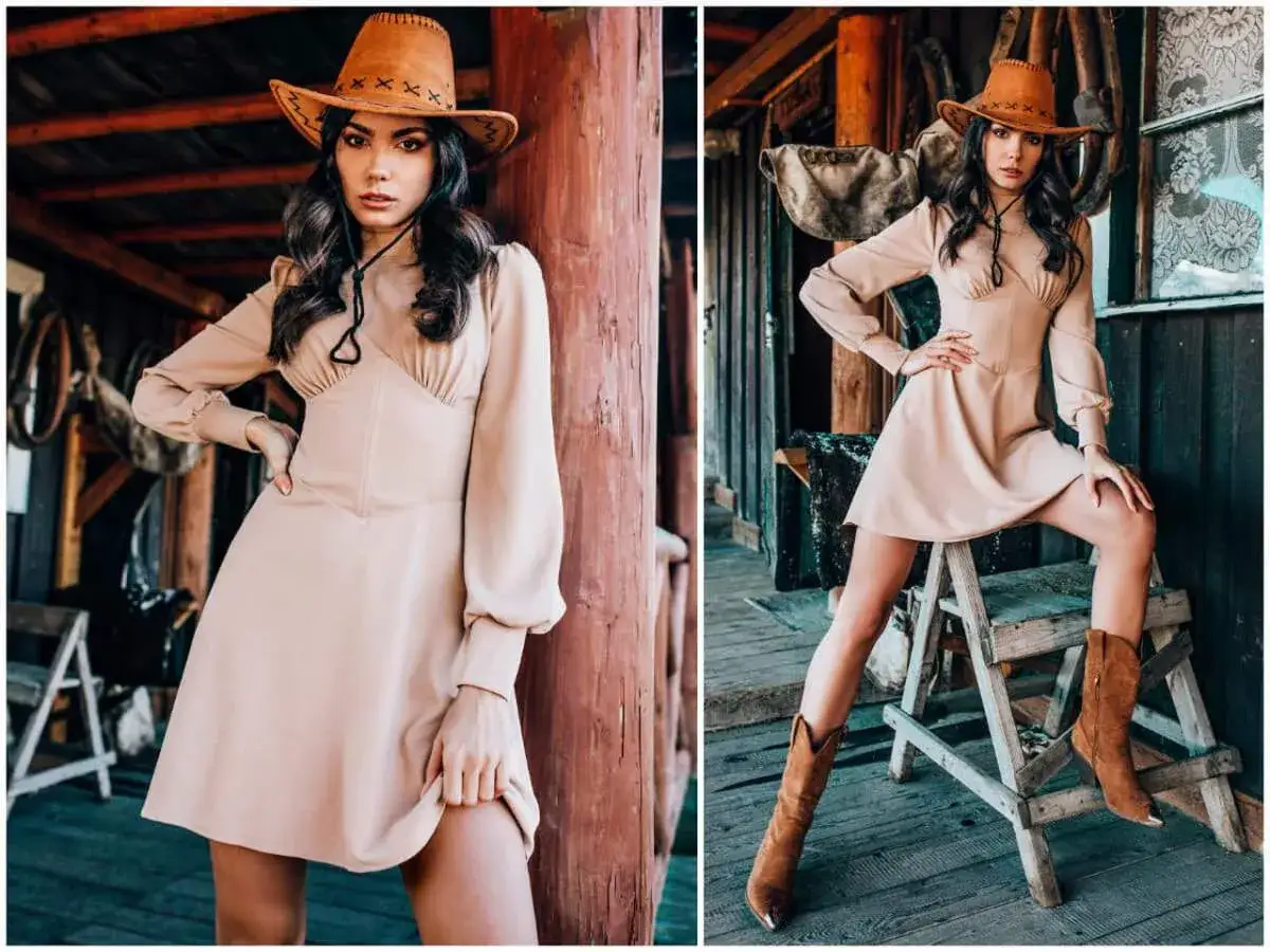 Kobieta w kapeluszu kowbojskim i beżowej sukience prezentuje stylizacje w stylu country.