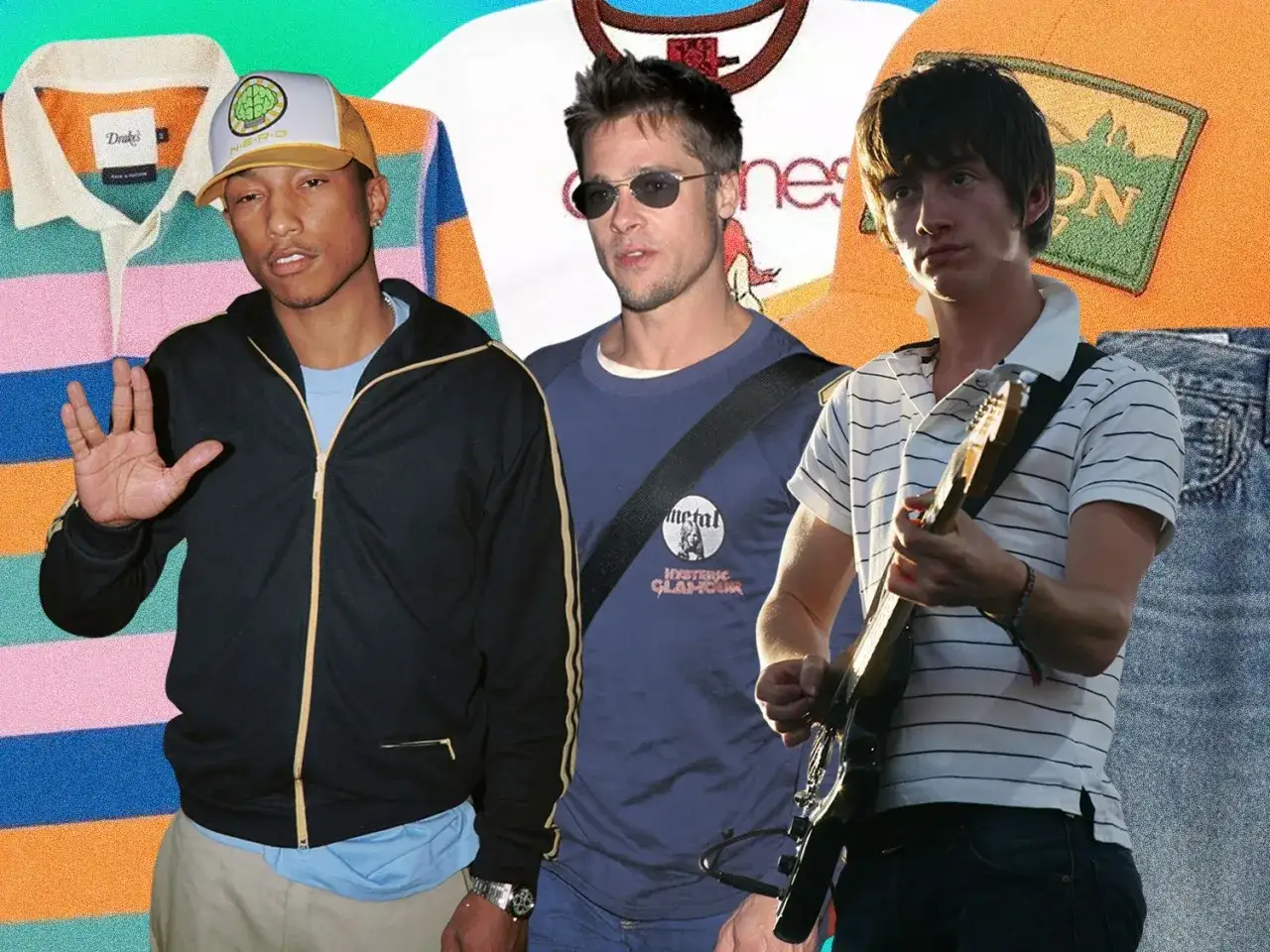 Pharrell, Brad Pitt i Alex Turner w stylizacjach odzwierciedlających modę męską lat 2000. Kolorowe tła i ubrania tworzą nostalgiczny kolaż.