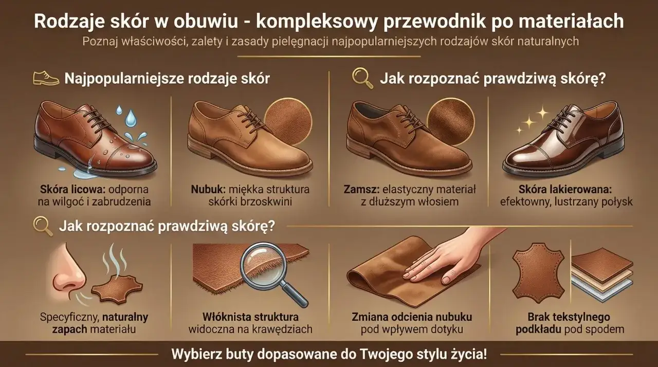 Przewodnik po rodzajach skór na cholewki: licowa, nubuk, zamsz, lakierowana. Poznaj cechy i jak rozpoznać naturalną skórę.