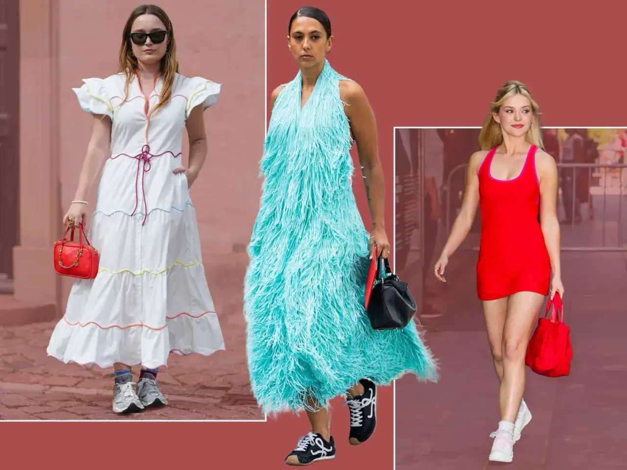 Trzy kobiety w stylizacjach łączących elegancką sukienkę i sportowe buty. Jedna w bieli, druga w turkusie, trzecia w czerwieni.