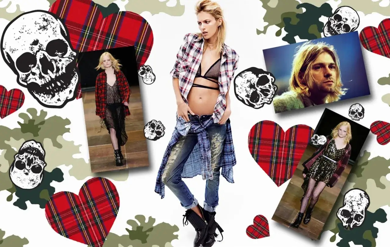 Stylizacja w klimacie grunge: kraty, czaszki, Kurt Cobain i modele w rockowym wydaniu.