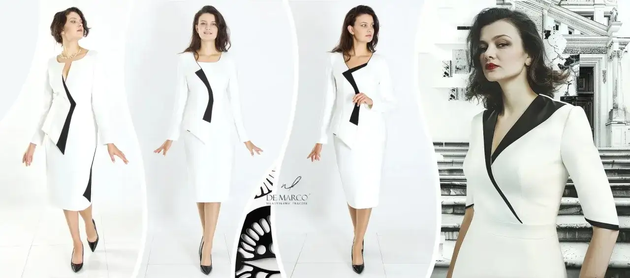 Kolekcja haute couture: biała sukienka z czarnymi akcentami, podkreślająca elegancję i nowoczesność.