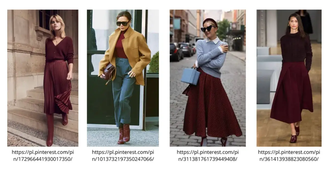 Eleganckie stylizacje w odcieniach koloru bordowego: plisowana spódnica, sweter, płaszcz i sukienka.
