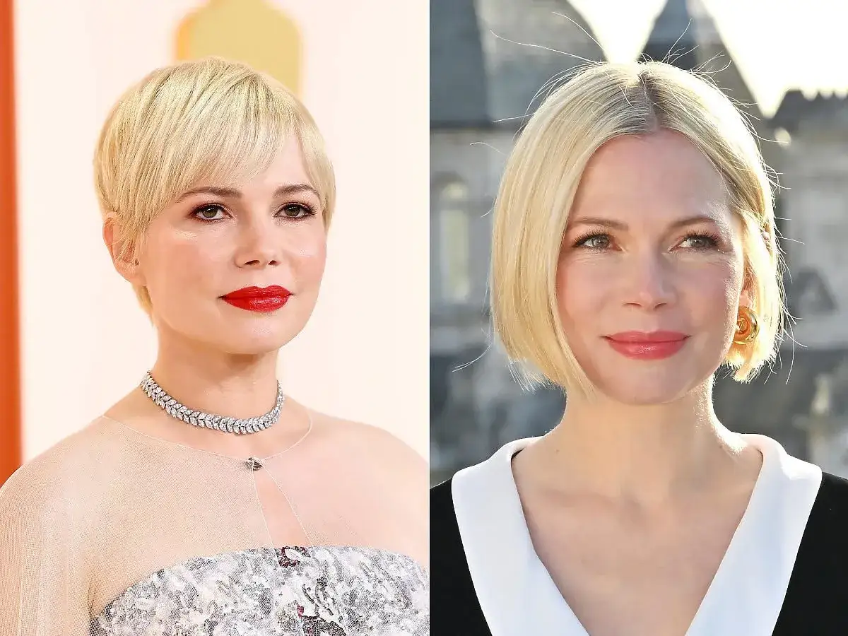 Michelle Williams w krótkich blond fryzurach, które świetnie podkreślają rysy twarzy. Idealne fryzury dla grubych twarzy, które dodają lekkości.