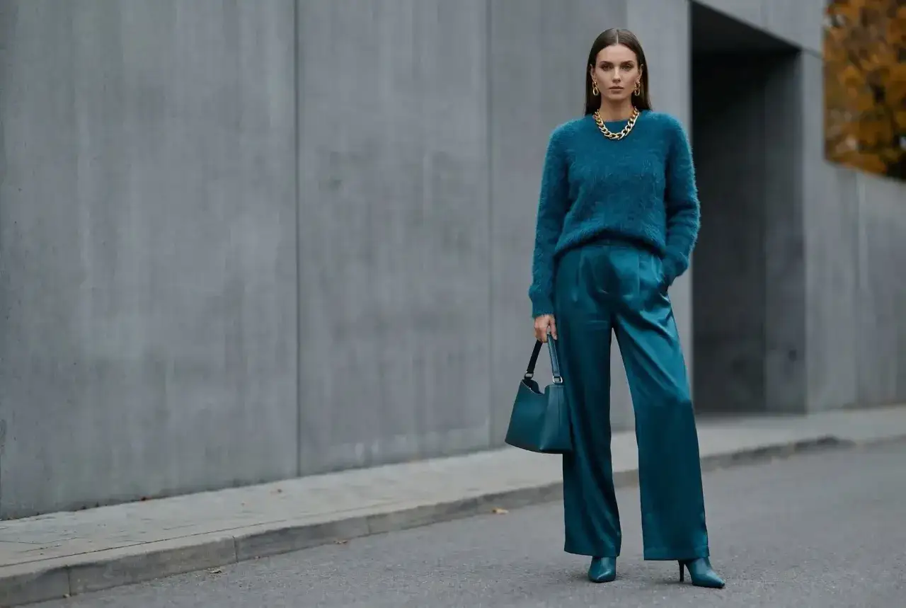Kobieta w eleganckim, futrzanym swetrze i satynowych spodniach w kolorze petrol. Torebka i buty również w tym samym odcieniu.