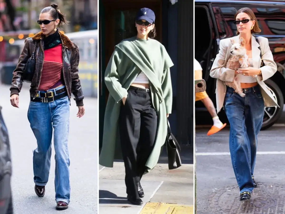 Trzy kobiety w modnych stylizacjach. Bella Hadid w jeansach wide leg, Kendall Jenner w szerokich spodniach i Hailey Bieber z pieskiem w luźnych jeansach.