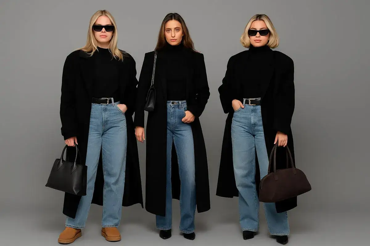 Trzy kobiety prezentują stylowe stylizacje z jeansami. Czarne płaszcze, golfy i jasne jeansy tworzą elegancki look.