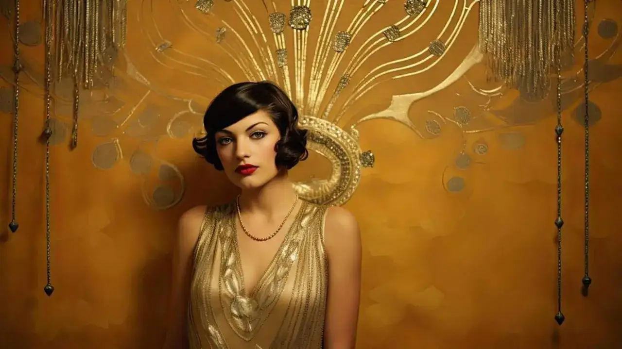 Elegancka kobieta w złotej sukni, z burzą loków, na tle bogatej, złotej ściany w stylu art deco.