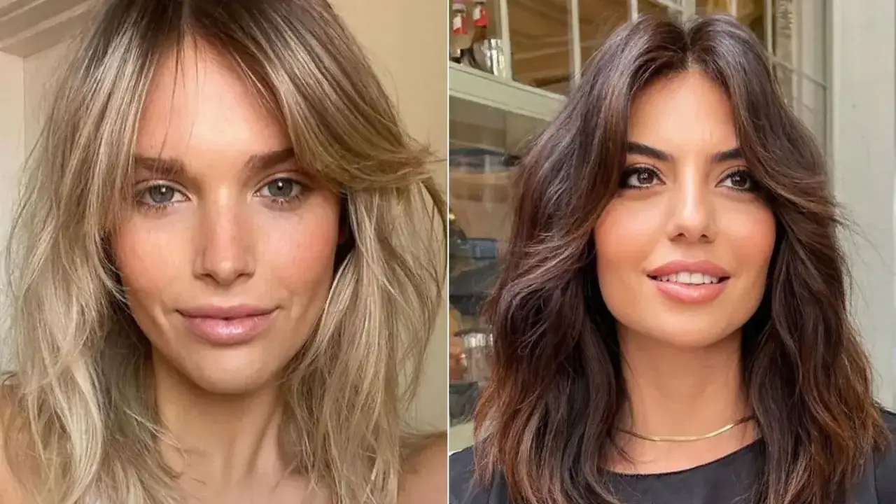 Dwie kobiety z włosami do ramion, proste cięcie. Blondynka z grzywką i brunetka z delikatnymi falami.